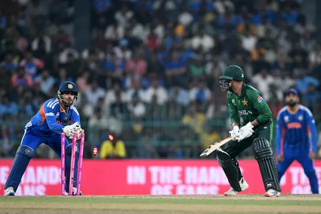 India's wicketkeeper Ishan Kishan (L) stumps out Pakistan's Usman Khan during the 2026 ICC Men's T20 Cricket World Cup group stage match between India and Pakistan at the R Premadasa Stadium in Colombo