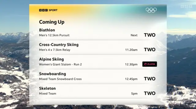 The snowboard cross mixed team event, featuring Charlotte Bankes and Huw Nightingale, is on BBC Two from 12:45