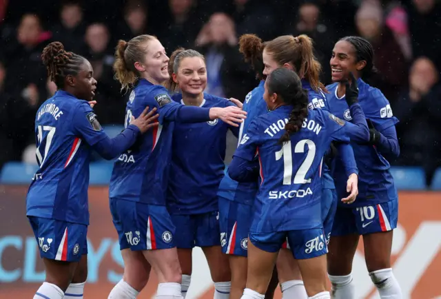 Chelsea's Sjoeke Nusken celebrates scoring their first goal with teammates