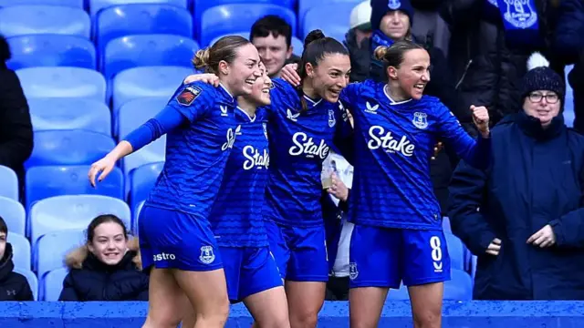 Honoka Hayashi of Everton celebrates scoring her team's first goal with teammates Inma Gabarro, Ornella Vignola and Rosa van Gool