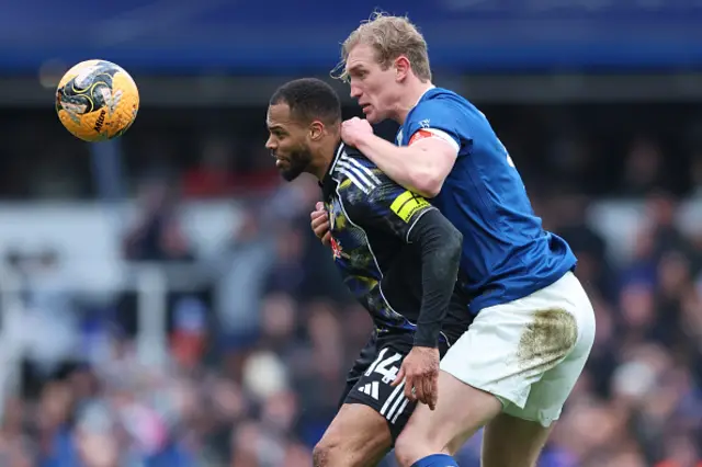 Lukas Nmecha of Leeds United and Christoph Klarer of Birmingham City challenge