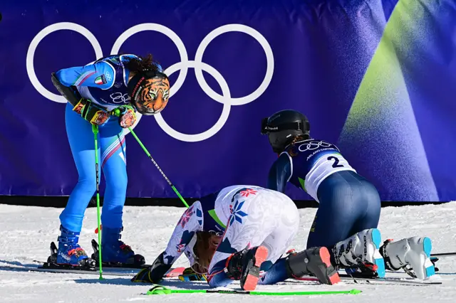 Norway's Thea Louise Stjernesund and Sweden's Sara Hector bow to Italty' Federica Brignone