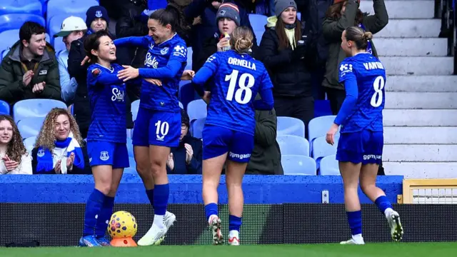 Honoka Hayashi of Everton celebrates scoring her team's first goal with teammates Inma Gabarro, Ornella Vignola and Rosa van Gool d