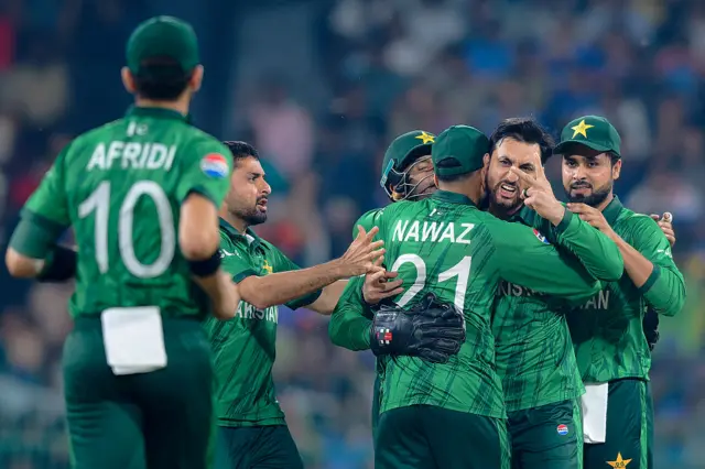 Salman Agha and teammates of Pakistan celebrates the wicket of Abhishek Sharma of Pakistan during the ICC Men's T20 World Cup India & Sri Lanka 2026 match between India and Pakistan at R. Premadasa Stadium