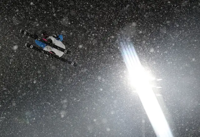Ailing Eileen Gu from China warms up before the Women's Freestyle Skiing Big Air finals at the Milano Cortina 2026 Winter Olympic Games, in Livigno, Italy