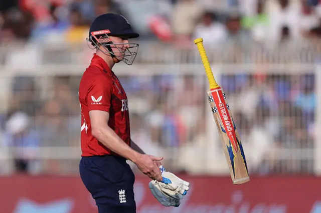 Harry Brook of England walks off the field