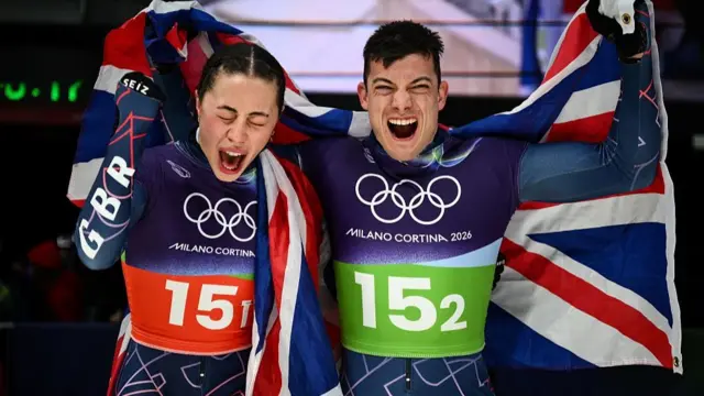 Tabitha Stoecker and Matt Weston celebrating