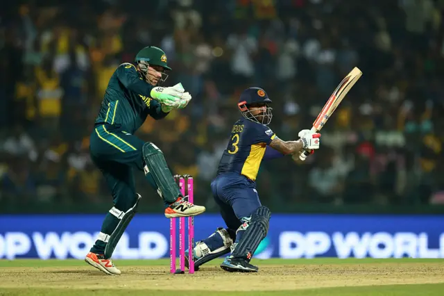 : Kusal Mendis of Sri Lanka bats from Joshua Inglis of Australia