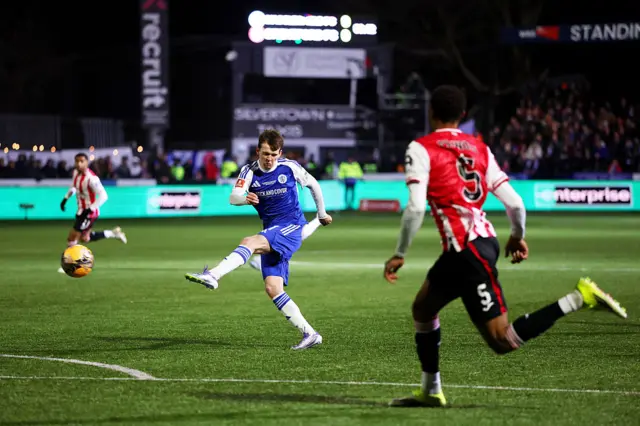 Luke Duffy of Macclesfield shoots during the Emirates FA Cup Fourth Round match between Macclesfield and Brentford at Moss Rose Ground on February 16, 2026 in Macclesfield, England.
