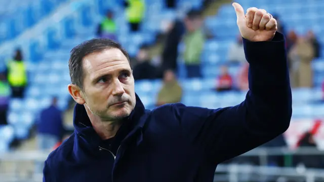 Coventry boss Frank Lampard puts his thumbs up to the crowd after being interviewed on the pitch before the game against Middlesbrough