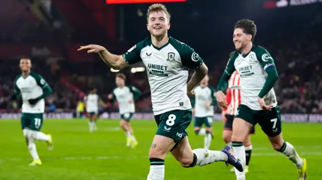 Middlesbrough's Riley McGree celebrates scoring his side's second goal of the game in the 2-1 win at Sheffield United