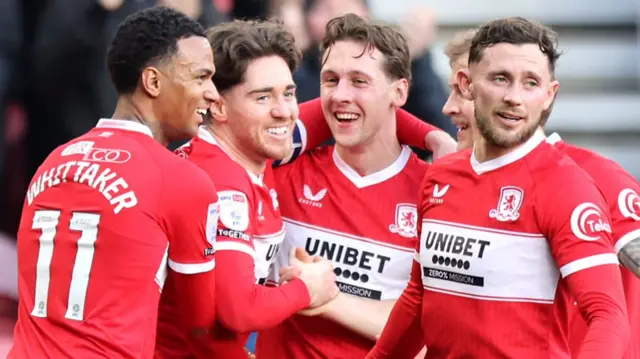 Middlesbrough players celebrate Hayden Hackey's goal in the 1-0 win over Norwich City on 31 January
