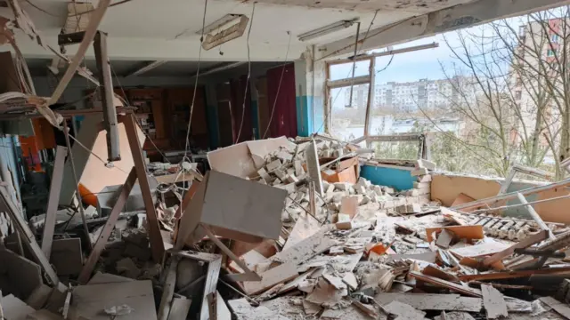 A damaged classroom at Kherson State University