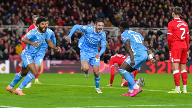Liam Kitching celebrates scoring Coventry's third goal in the 4-2 win over Middlesbrough at the Riverside Stadium in November 2025