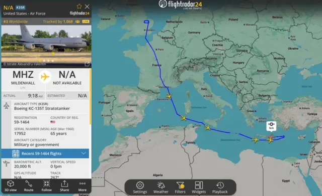 A screengrab from Flightradar24 showing the six KC-135s flying from the UK towards Crete