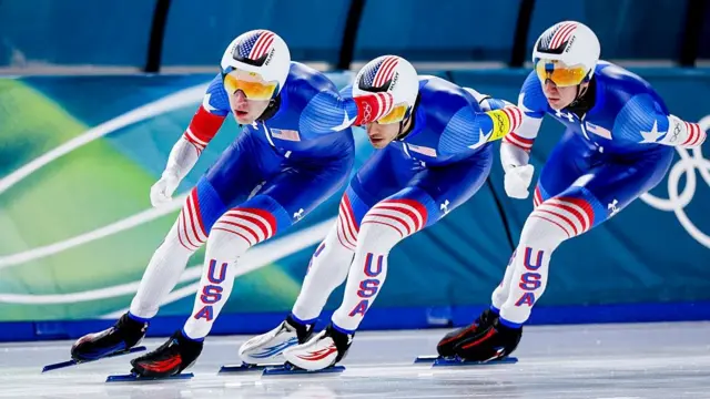 Ethan Cepuran of United States of America and Casey Dawson of United States of America and Emery Lehman of United States of America competing on the Speed Skating Men's Team Pursuit