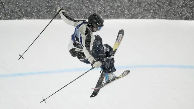 : Timothe Sivignon of Team France competes in run one of the Men's Freeski Big Air Final on day eleven of the Milano Cortina 2026 Winter Olympic games at Livigno Air Park