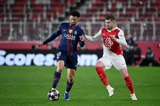 Paris Saint-Germain's French midfielder #33 Warren Zaire-Emery and Monaco's Brazilian midfielder #12 Caio Henrique fight for the ball