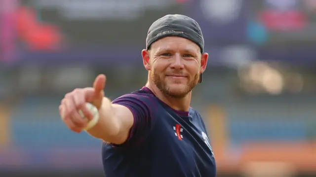 Scotland all-rounder Michael Leask gives a thumbs up