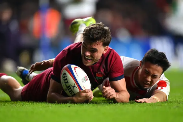 England full-back George Furbank celebrates scoring a try against Japan in November 2024