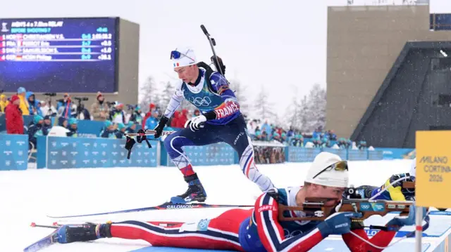 Eric Perrot of Team France competes in the Men's 4 x 7.5km Biathlon Relay
