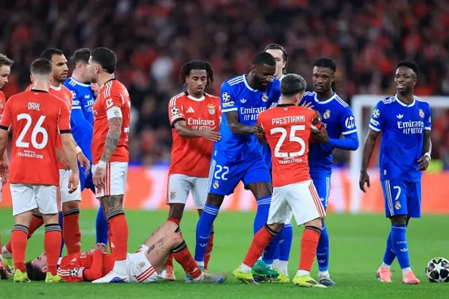 Gianluca Prestianni argues with Real Madrid's Brazilian forward #07 Vinicius Junior