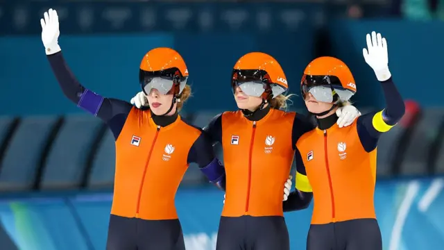 Joy Beune, Antoinette Rijpma-de Jong and Marijke Groenewoud of Team Netherlands react after winning silver in final A of the Speed Skating Women's Team Pursuit on day eleven of the Milano Cortina 2026