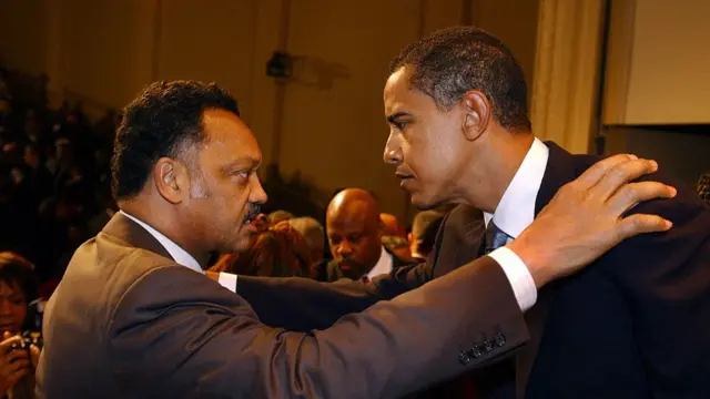 Rev. Jesse Jackson has a word with Sen. Barack Obama