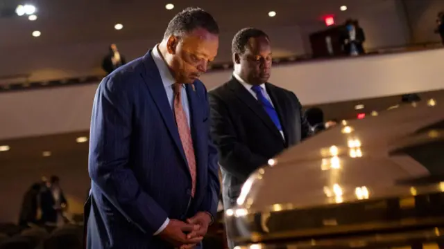 Jackson pays respects at the casket of George Floyd before a memorial service at North Central University on June 4, 2020 in Minneapolis, Minnesota.