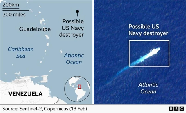 BBC graphic showing (left) the location of the ship seen in satellite imagery showing it north-east of Guadelouple and (right) the likely US Navy destroyer seen in satellite imagery on 13 February