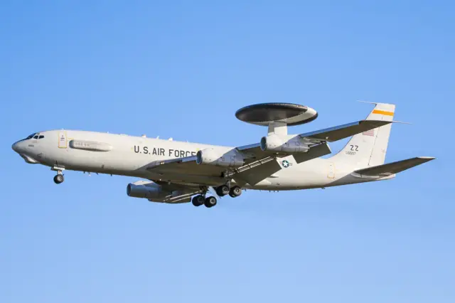 An E-3 Sentry in flight arriving at RAF Mildenhall, Suffolk, UK