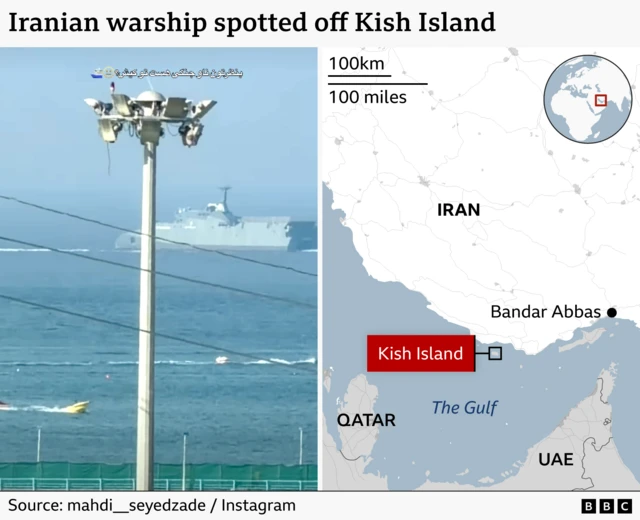 Graphics showing (l) the warship off Kish Island and (r) a map showing the location of the Kish in Iran and the wider Gulf region