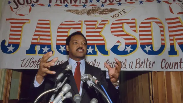 Reverend Jesse Jackson campaigning in Winterset, Iowa, on February 3, 1988.