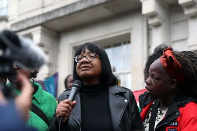 Diane Abbott addresses a crowd of supporters on May 29, 2024 in London.