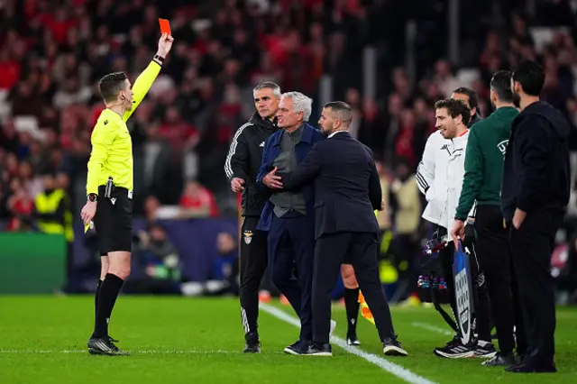Jose Mourinho, Head Coach of Benfica, is shown a red card