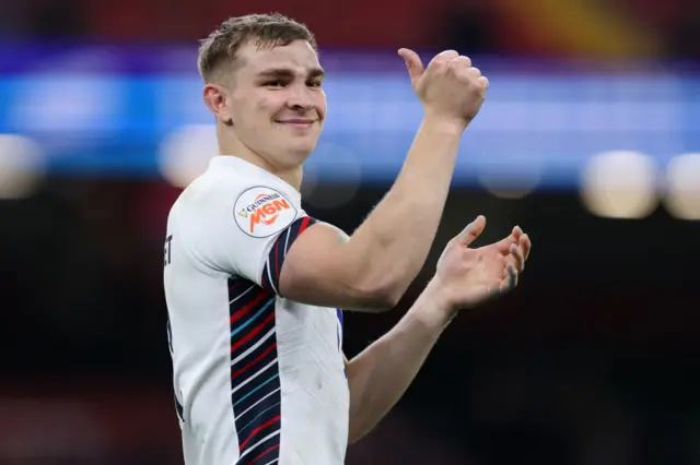 England scrum-half Jack van Poortvliet gestures during the Six Nations win against Wales in March 2025