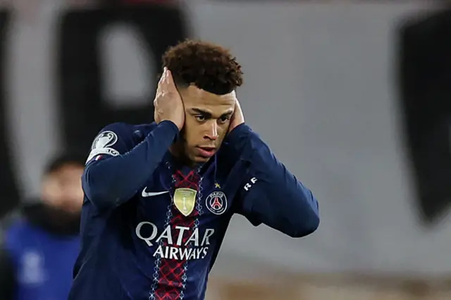 Paris Saint-Germain's French midfielder #14 Desire Doue celebrates
