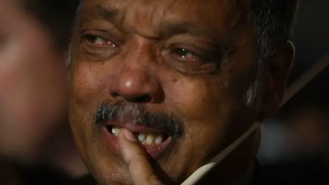 Jesse Jackson pictured as tearful after projections show that Barack Obama will be elected to serve as president in November 2008
