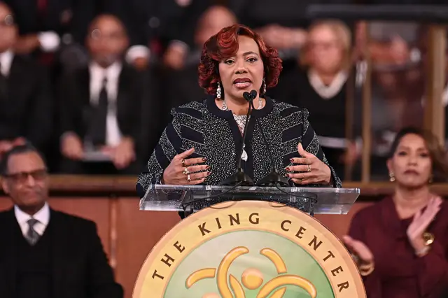 Bernice King speaks during the 2026 Martin Luther King, Jr. Beloved Community Commemorative Service at Ebenezer Baptist Church on 19 January 2026 in Atlanta, Georgia.