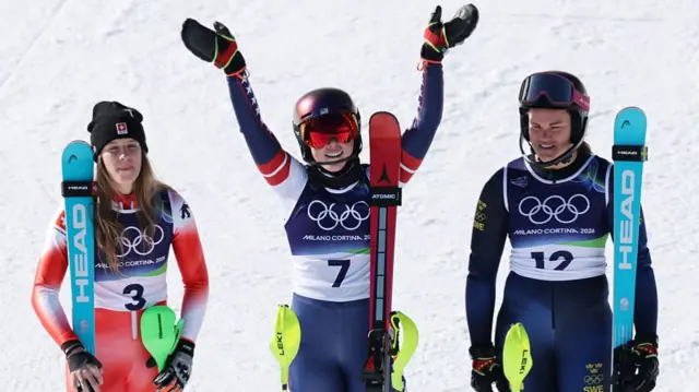 Mikaela Shiffrin celebrates victory