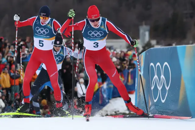 ens Luraas Oftebro (L) of Norway and Andreas Skoglund of Norway in action during the Men's Individual Gundersen Large Hill/10km of the Nordic Combined