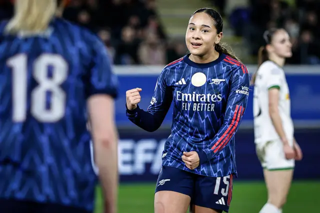 Oliva Smith celebrates her goal v OH Leuven in the first leg