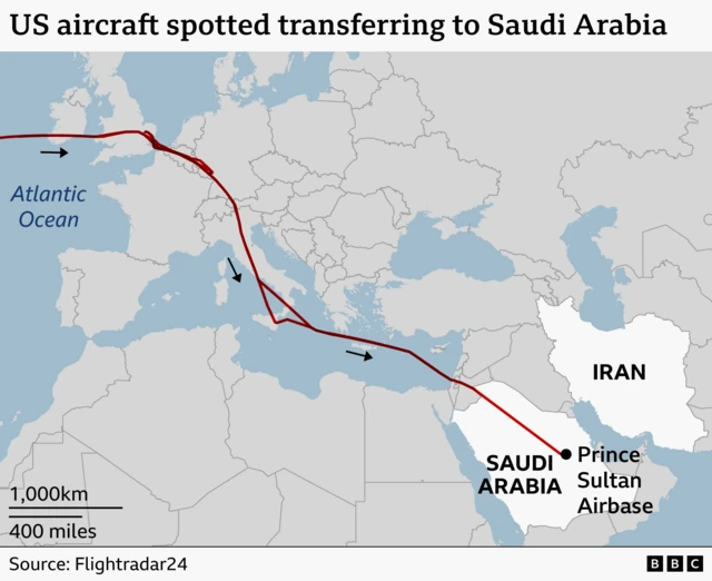 Flight path map from the UK to Saudi Arabia