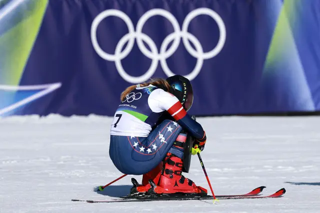 Mikaela Shiffrin of Team United States reacts after winning gold