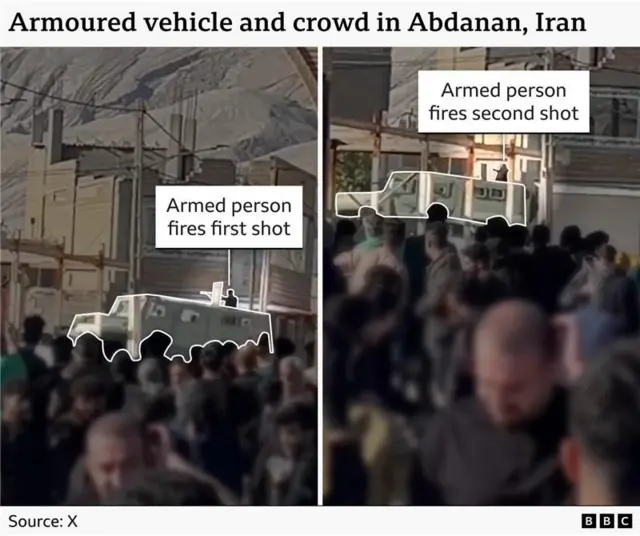 Two screengrabs from a video showing a crowd in the foreground and a armoured vehicle with a man on top pointing a gun