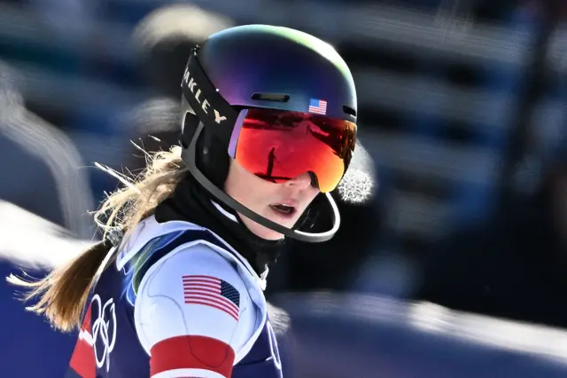 USA's Mikaela Shiffrin reacts in the finish area