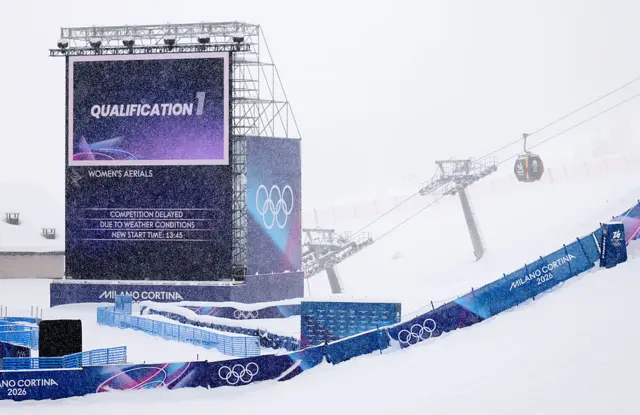 A general view of the big screen showing a competition delay due to adverse weather conditions