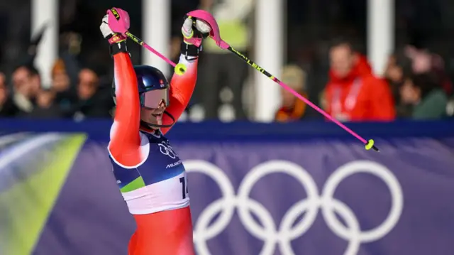 Melanie Meillard reacts in the finish area