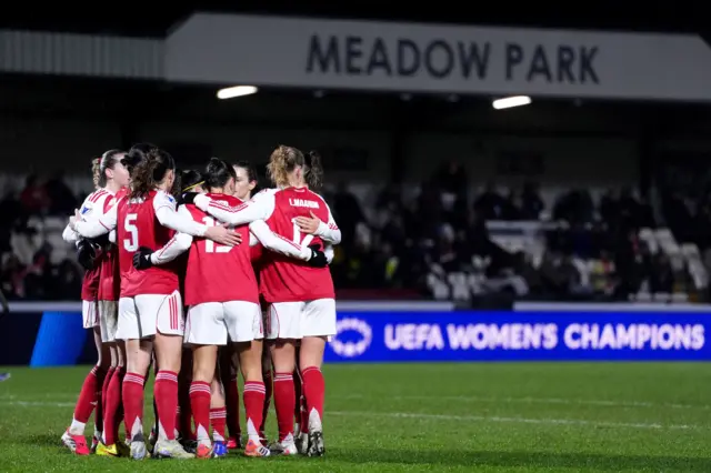 Arsenal players celebrate after one of their goals v Leuven