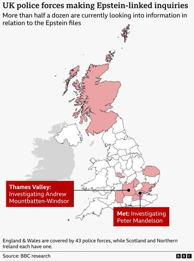 A map of the UK highlighting police forces making inquiries linked to the Epstein files. Areas shaded in pink show the nine forces currently involved, covering regions in England and the whole of Scotland. Two boxes identify specific forces: one pointing to the Thames Valley Police area with the label “Thames Valley: Investigating Andrew Mountbatten-Windsor,” and another pointing to the Metropolitan Police area labelled “Met: Investigating Peter Mandelson.”